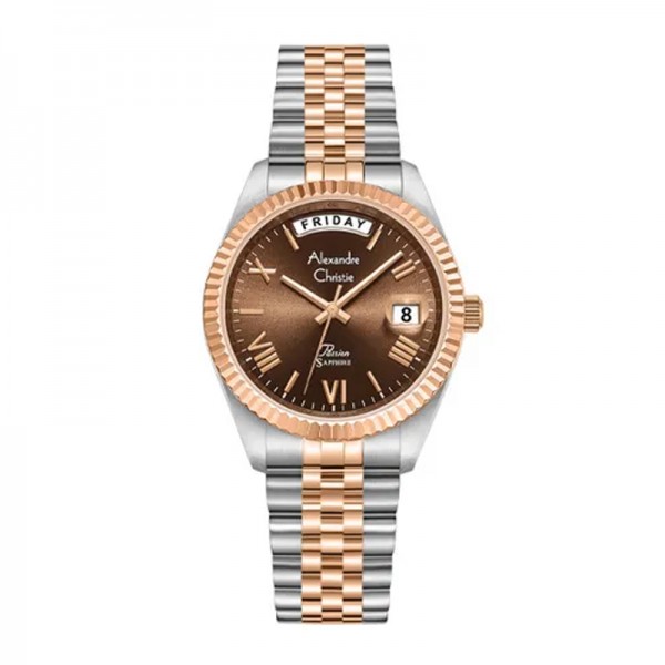 Alexandre Christie AC 5014 Silver Rosegold Brown Lady Day Date LEBTRBO
